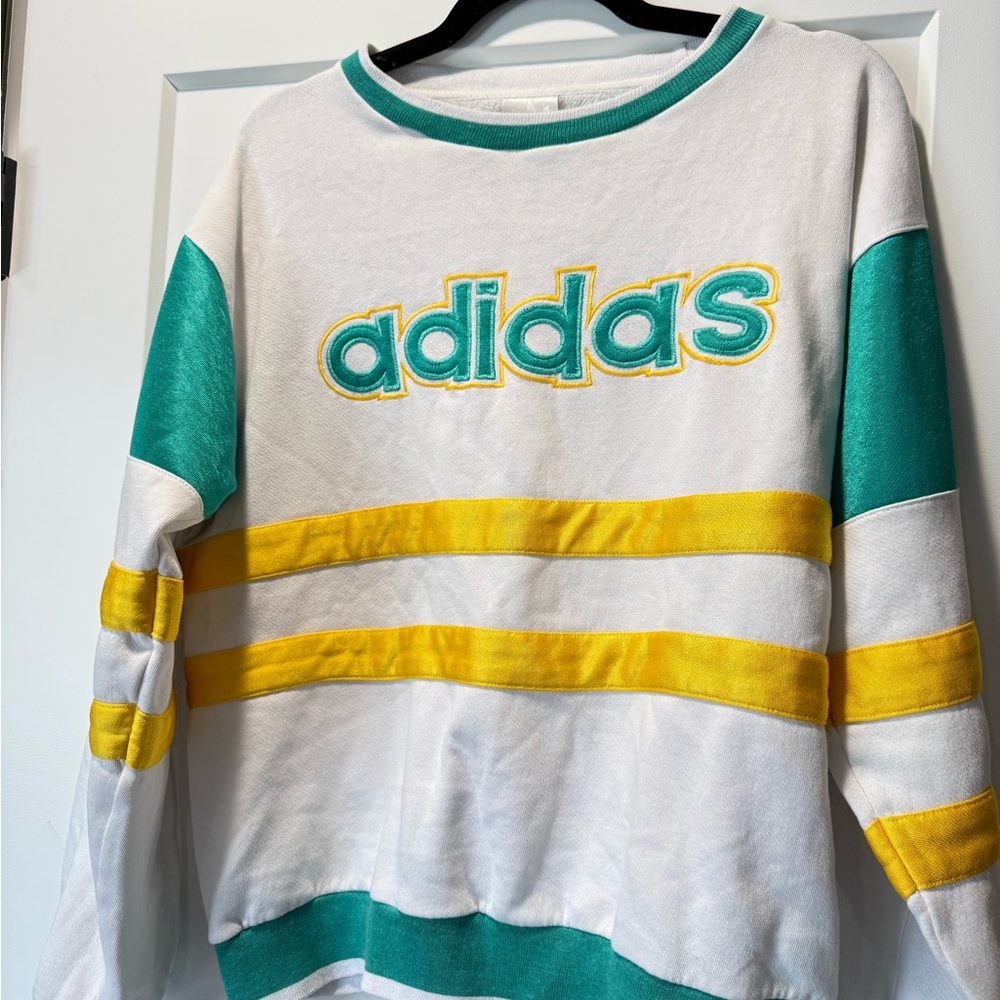 Vintage Adidas White Sweatshirt with Teal and Yellow Stripes